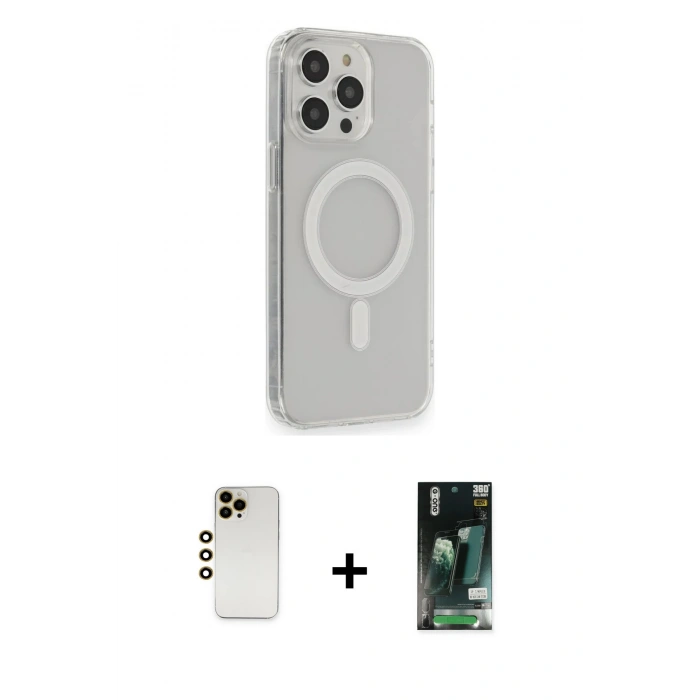 MARSİLYAN™- iPhone 13 Pro Max Kılıf Pusula Çizgi Koleksiyonu - Şeffaf 360 Full Body Arka Koruyucu + Shine Kamera Lens - GD