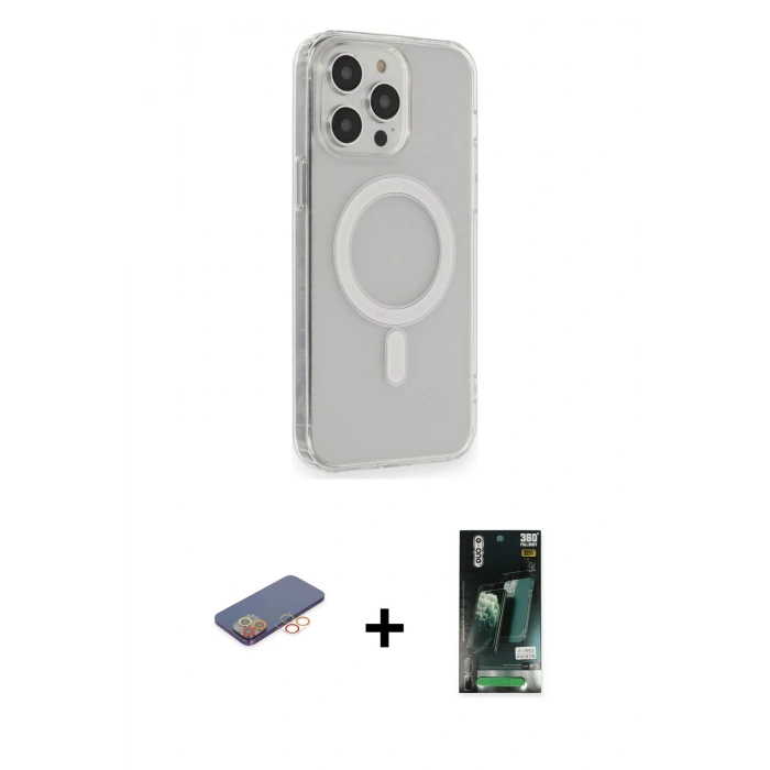MARSİLYAN™- iPhone 13 Pro Max Kılıf Pusula Çizgi Koleksiyonu - Şeffaf 360 Full Body Arka Koruyucu + Renkli Kamera Lens Koruma Cam - TU