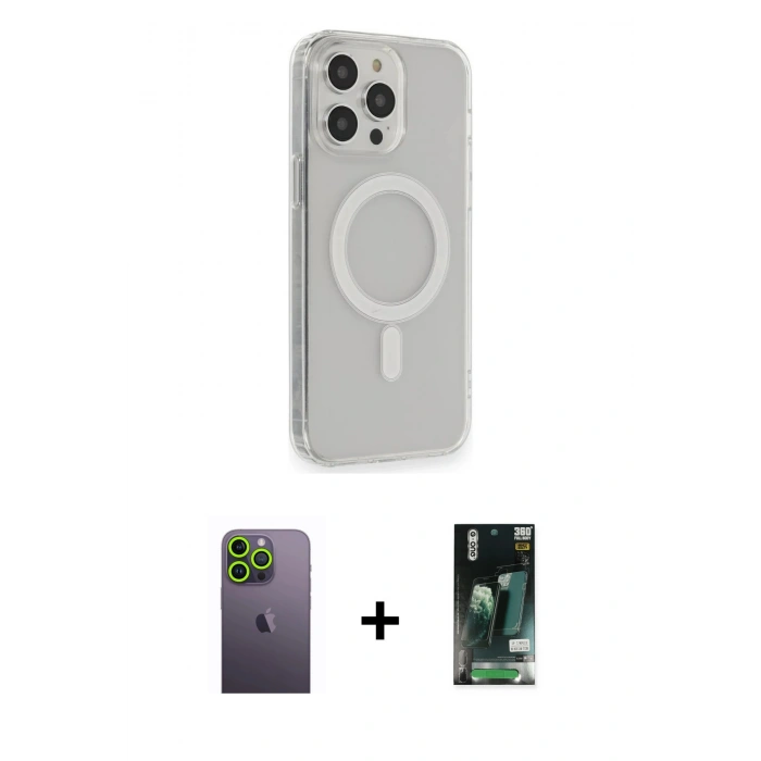 MARSİLYAN™- iPhone 13 Pro Max Kılıf Pusula Çizgi Koleksiyonu - Şeffaf 360 Full Body Arka Koruyucu + Yeşil Neon Fosforlu Kamera Lens