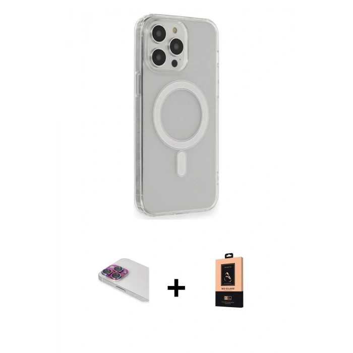 MARSİLYAN™- iPhone 13 Pro Max Kılıf Pusula Çizgi Koleksiyonu - Şeffaf Maxco Cam Ekran Koruyucu + Gökkuşağı Pers Alüminyum Kamera Lens