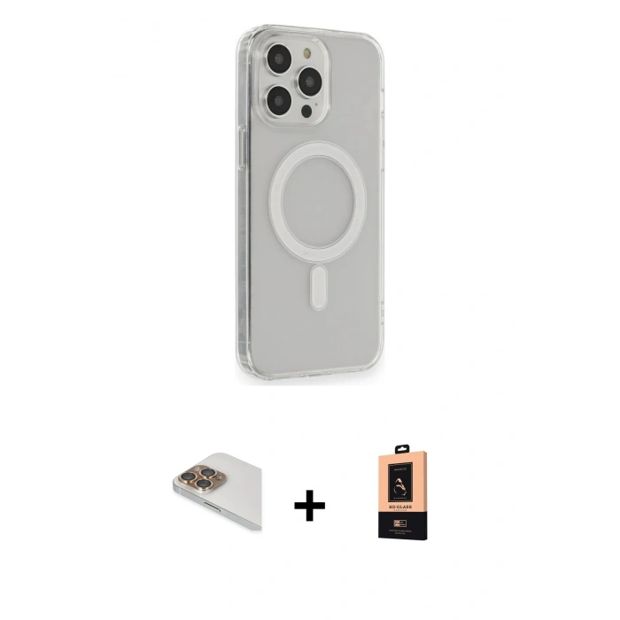 MARSİLYAN™- iPhone 13 Pro Max Kılıf Pusula Çizgi Koleksiyonu - Şeffaf Maxco Cam Ekran Koruyucu + Gold Pers Alüminyum Kamera Lens