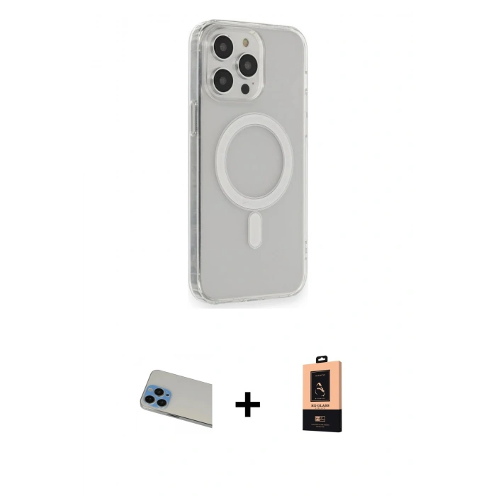 MARSİLYAN™- iPhone 13 Pro Max Kılıf Pusula Çizgi Koleksiyonu - Şeffaf Maxco Cam Ekran Koruyucu + Mavi Rainbow Kamera Lens Koruma Cam
