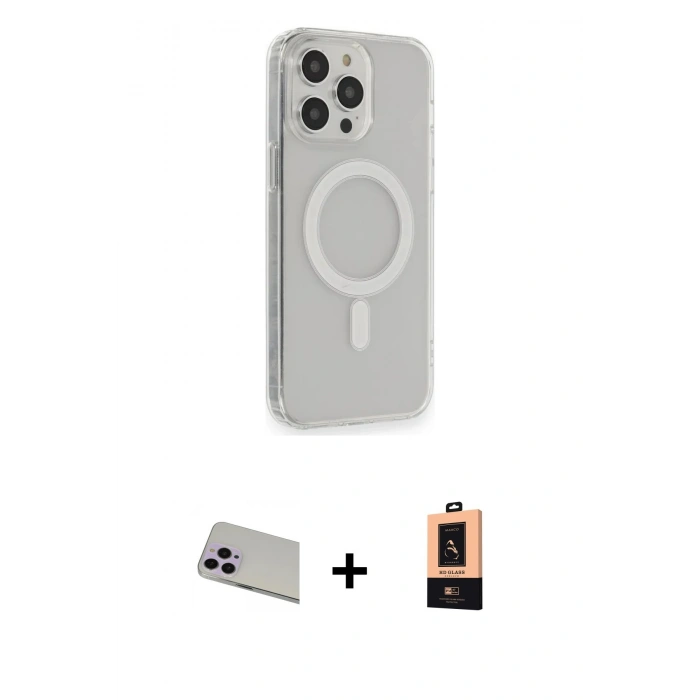 MARSİLYAN™- iPhone 13 Pro Max Kılıf Pusula Çizgi Koleksiyonu - Şeffaf Maxco Cam Ekran Koruyucu + Rainbow Kamera Lens Koruma Cam - MR