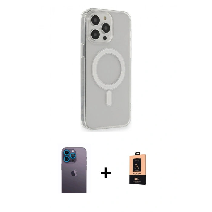 MARSİLYAN™- iPhone 13 Pro Max Kılıf Pusula Çizgi Koleksiyonu - Şeffaf Maxco Cam Ekran Koruyucu + Neon Fosforlu Kamera Lens - MI