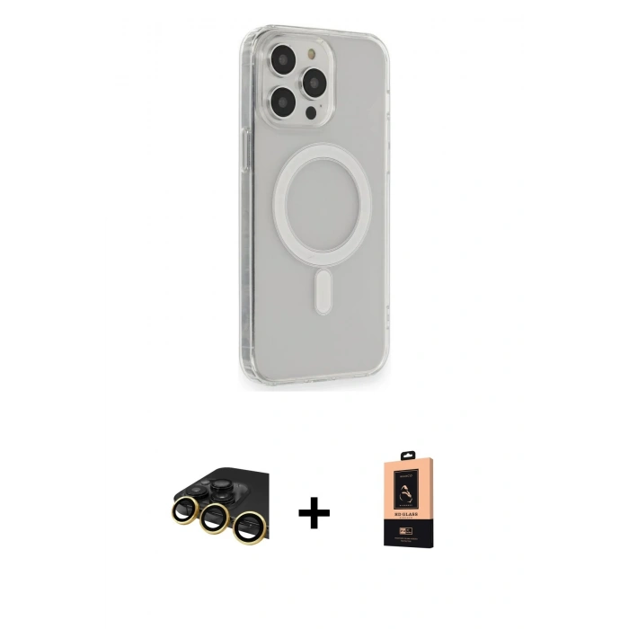 MARSİLYAN™- iPhone 13 Pro Max Kılıf Pusula Çizgi Koleksiyonu - Şeffaf Maxco Cam Ekran Koruyucu + Raze Metal Kamera Lens - GD