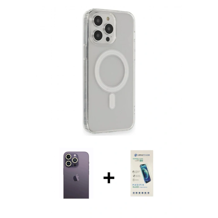 MARSİLYAN™- iPhone 13 Pro Max Kılıf Pusula Çizgi Koleksiyonu - Şeffaf Pasifik Cam Ekran Koruyucu + Beyaz Neon Fosforlu Kamera Lens
