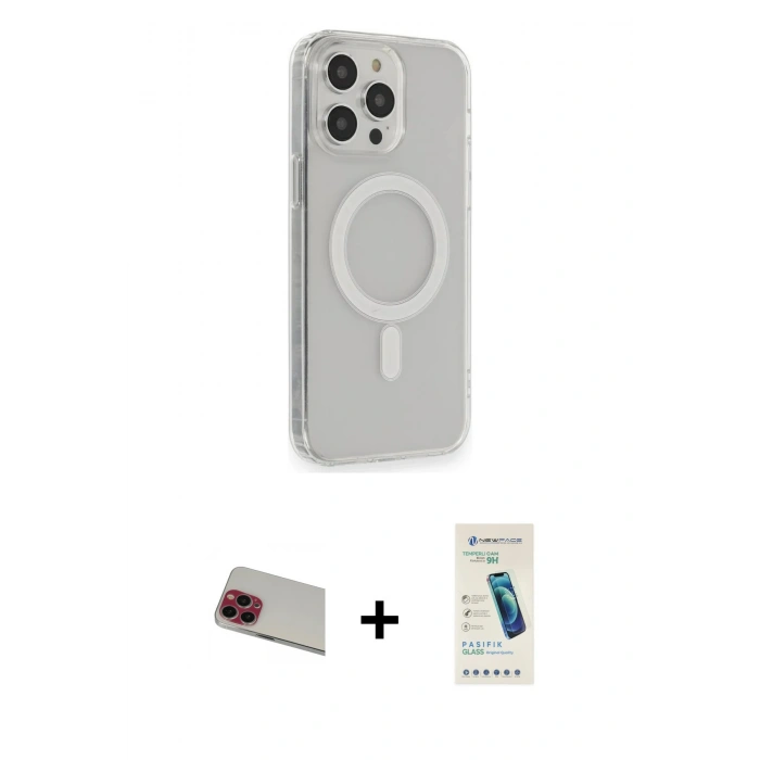 MARSİLYAN™- iPhone 13 Pro Max Kılıf Pusula Çizgi Koleksiyonu - Şeffaf Pasifik Cam Ekran Koruyucu + Kırmızı Rainbow Kamera Lens Koruma Cam