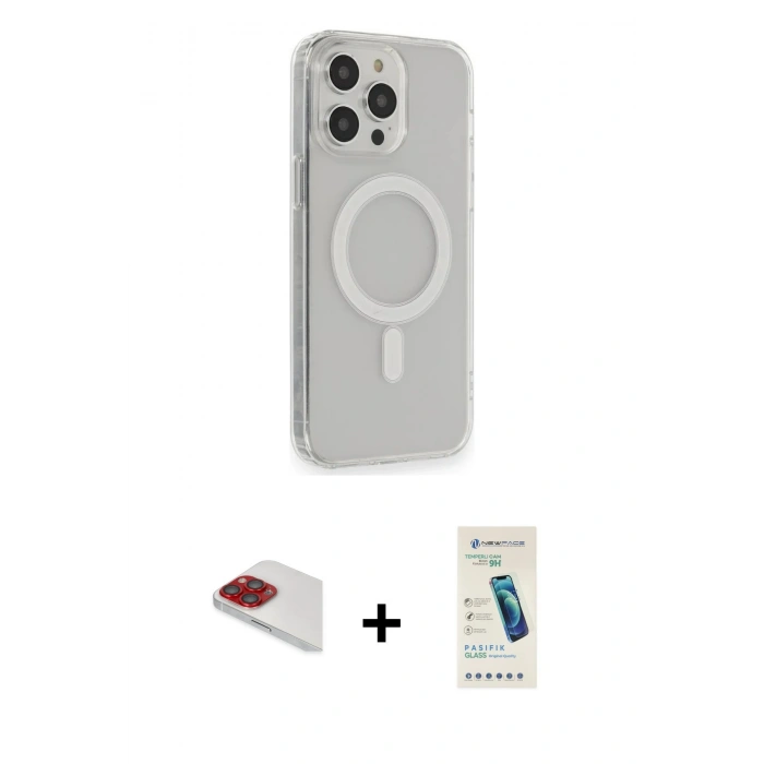 MARSİLYAN™- iPhone 13 Pro Max Kılıf Pusula Çizgi Koleksiyonu - Şeffaf Pasifik Cam Ekran Koruyucu + Kırmızı Pers Alüminyum Kamera Lens