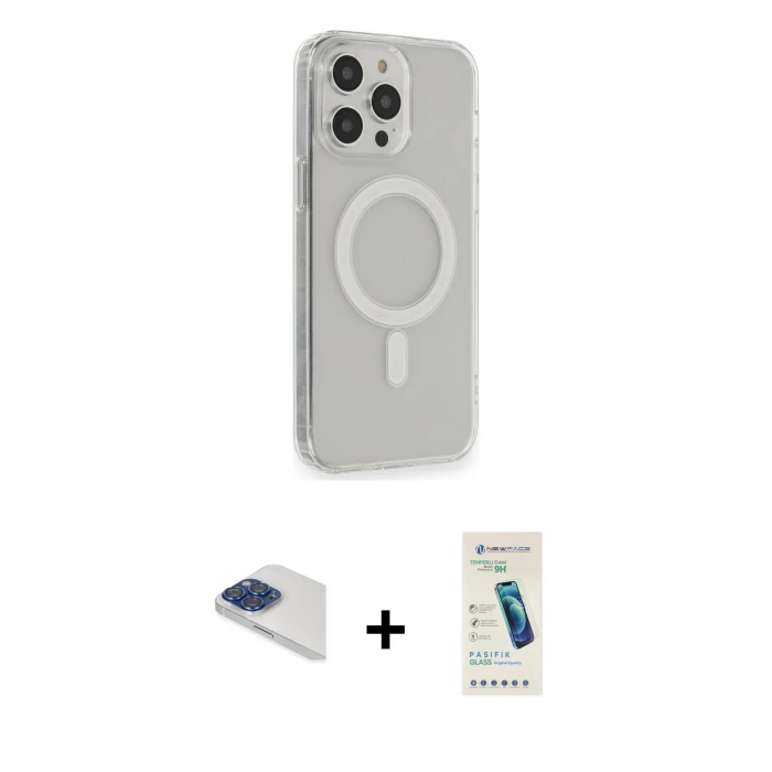 MARSİLYAN™- iPhone 13 Pro Max Kılıf Pusula Çizgi Koleksiyonu - Şeffaf Pasifik Cam Ekran Koruyucu + Lacivert Pers Alüminyum Kamera Lens