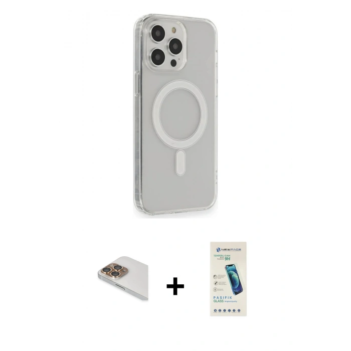 MARSİLYAN™- iPhone 13 Pro Max Kılıf Pusula Çizgi Koleksiyonu - Şeffaf Pasifik Cam Ekran Koruyucu + Pers Alüminyum Kamera Lens - GD