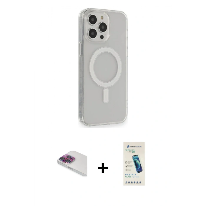 MARSİLYAN™- iPhone 13 Pro Max Kılıf Pusula Çizgi Koleksiyonu - Şeffaf Pasifik Cam Ekran Koruyucu + Pers Alüminyum Kamera Lens - GI