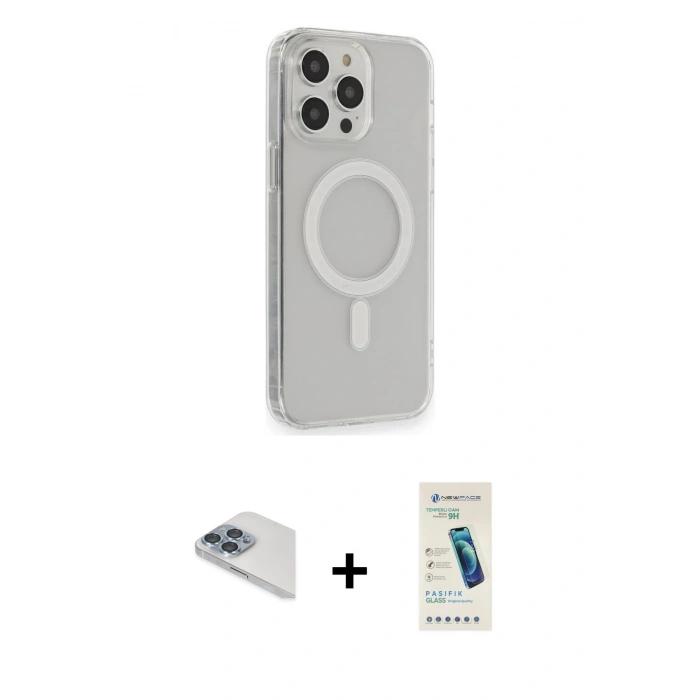 MARSİLYAN™- iPhone 13 Pro Max Kılıf Pusula Çizgi Koleksiyonu - Şeffaf Pasifik Cam Ekran Koruyucu + Pers Alüminyum Kamera Lens - SABE