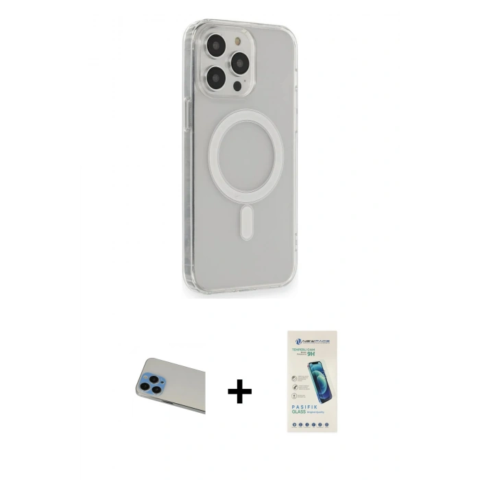 MARSİLYAN™- iPhone 13 Pro Max Kılıf Pusula Çizgi Koleksiyonu - Şeffaf Pasifik Cam Ekran Koruyucu + Rainbow Kamera Lens Koruma Cam - MI