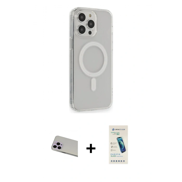 MARSİLYAN™- iPhone 13 Pro Max Kılıf Pusula Çizgi Koleksiyonu - Şeffaf Pasifik Cam Ekran Koruyucu + Rainbow Kamera Lens Koruma Cam - MR