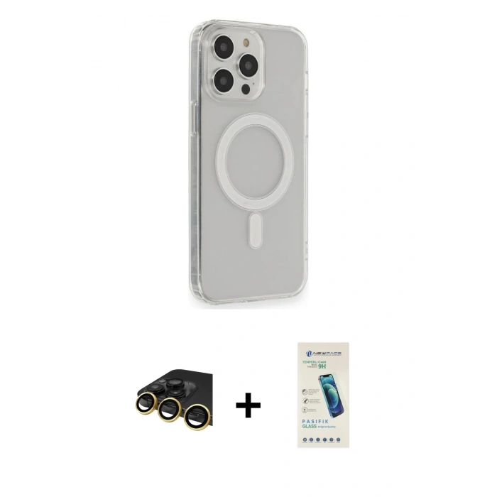 MARSİLYAN™- iPhone 13 Pro Max Kılıf Pusula Çizgi Koleksiyonu - Şeffaf Pasifik Cam Ekran Koruyucu + Raze Metal Kamera Lens - GD