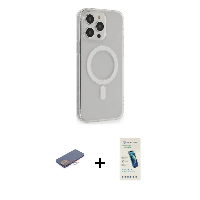 MARSİLYAN™- iPhone 13 Pro Max Kılıf Pusula Çizgi Koleksiyonu - Şeffaf Pasifik Cam Ekran Koruyucu + Renkli Kamera Lens Koruma Cam - PE