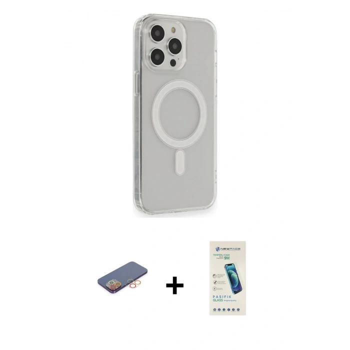 MARSİLYAN™- iPhone 13 Pro Max Kılıf Pusula Çizgi Koleksiyonu - Şeffaf Pasifik Cam Ekran Koruyucu + Renkli Kamera Lens Koruma Cam - TU