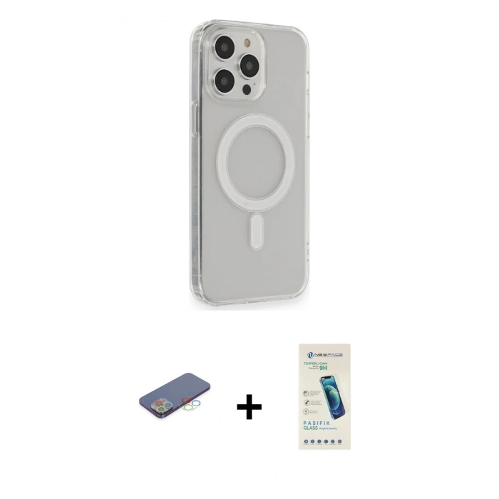 MARSİLYAN™- iPhone 13 Pro Max Kılıf Pusula Çizgi Koleksiyonu - Şeffaf Pasifik Cam Ekran Koruyucu + Renkli Kamera Lens Koruma Cam - MI