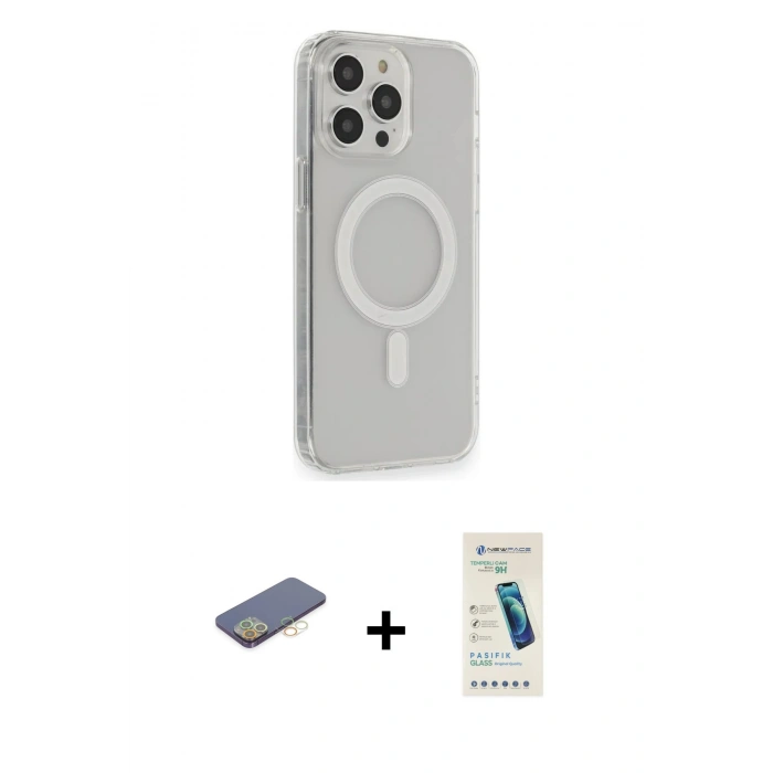 MARSİLYAN™- iPhone 13 Pro Max Kılıf Pusula Çizgi Koleksiyonu - Şeffaf Pasifik Cam Ekran Koruyucu + Renkli Kamera Lens Koruma Cam - SI