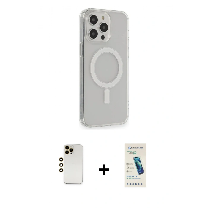 MARSİLYAN™- iPhone 13 Pro Max Kılıf Pusula Çizgi Koleksiyonu - Şeffaf Pasifik Cam Ekran Koruyucu + Shine Kamera Lens - GD