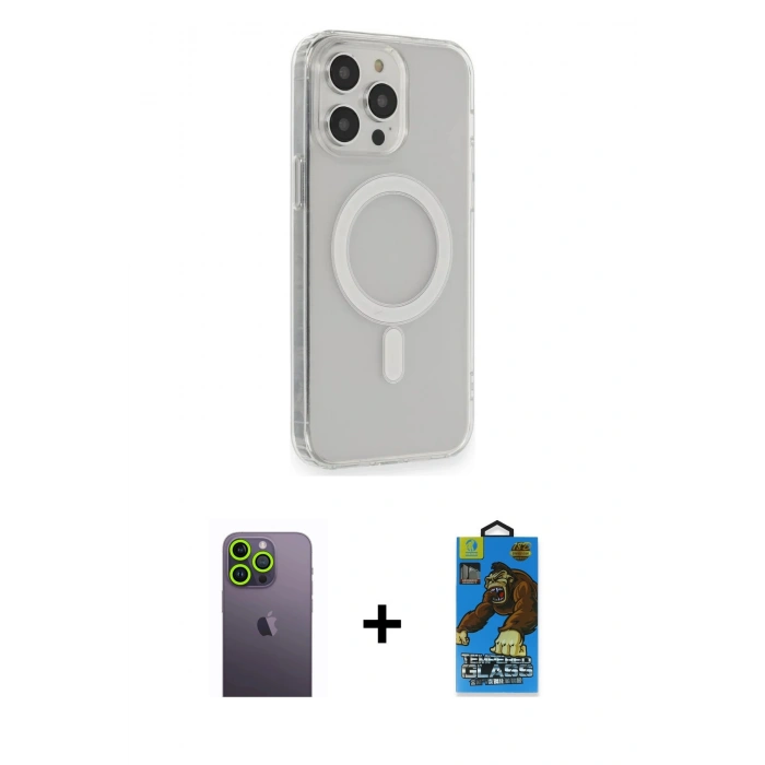 MARSİLYAN™- iPhone 13 Pro Max Kılıf Pusula Çizgi Koleksiyonu - Siyah 18D Cam Ekran Koruyucu + Neon Fosforlu Kamera Lens - YL