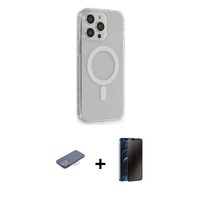 MARSİLYAN™- iPhone 13 Pro Max Kılıf Pusula Çizgi Koleksiyonu - Siyah 3D Antistatik Hayalet Cam Ekran Koruyucu + Renkli Kamera Lens Koruma Cam - PE