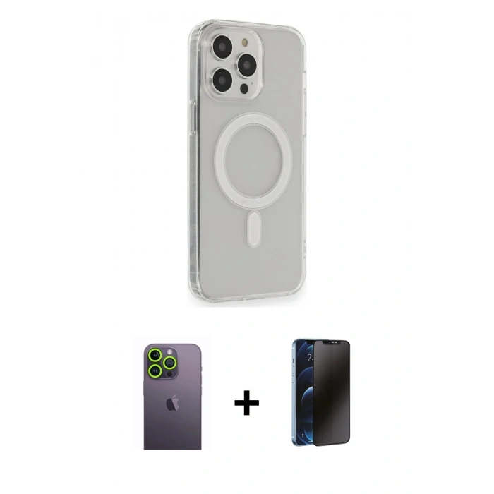 MARSİLYAN™- iPhone 13 Pro Max Kılıf Pusula Çizgi Koleksiyonu - Siyah 3D Antistatik Hayalet Cam Ekran Koruyucu + Neon Fosforlu Kamera Lens - YL
