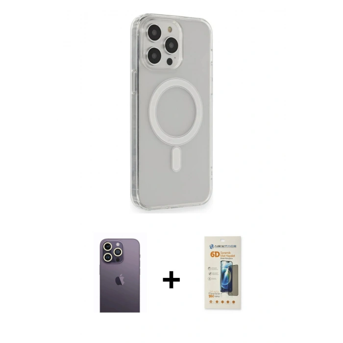 MARSİLYAN™- iPhone 13 Pro Max Kılıf Pusula Çizgi Koleksiyonu - Siyah 6D Mat Seramik Hayalet Nano Ekran Koruyucu + Beyaz Neon Fosforlu Kamera Lens