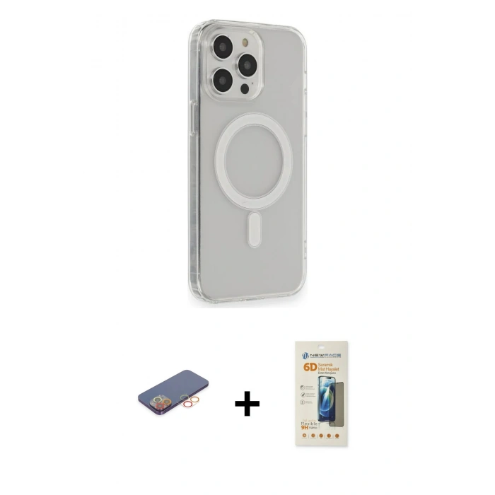 MARSİLYAN™- iPhone 13 Pro Max Kılıf Pusula Çizgi Koleksiyonu - Siyah 6D Mat Seramik Hayalet Nano Ekran Koruyucu + Renkli Kamera Lens Koruma Cam - TU
