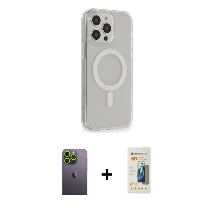 MARSİLYAN™- iPhone 13 Pro Max Kılıf Pusula Çizgi Koleksiyonu - Siyah 6D Mat Seramik Hayalet Nano Ekran Koruyucu + Neon Fosforlu Kamera Lens - YL