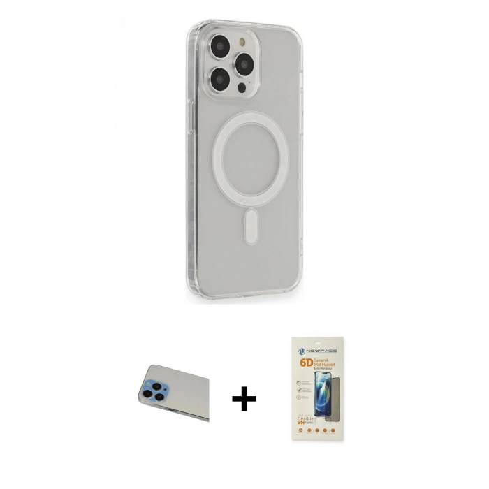 MARSİLYAN™- iPhone 13 Pro Max Kılıf Pusula Çizgi Koleksiyonu - Siyah 6D Mat Seramik Hayalet Nano Ekran Koruyucu + Rainbow Kamera Lens Koruma Cam - MI