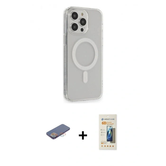 MARSİLYAN™- iPhone 13 Pro Max Kılıf Pusula Çizgi Koleksiyonu - Siyah 6D Mat Seramik Hayalet Nano Ekran Koruyucu + Renkli Kamera Lens Koruma Cam - PE