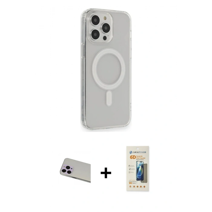MARSİLYAN™- iPhone 13 Pro Max Kılıf Pusula Çizgi Koleksiyonu - Siyah 6D Mat Seramik Hayalet Nano Ekran Koruyucu + Rainbow Kamera Lens Koruma Cam - MR