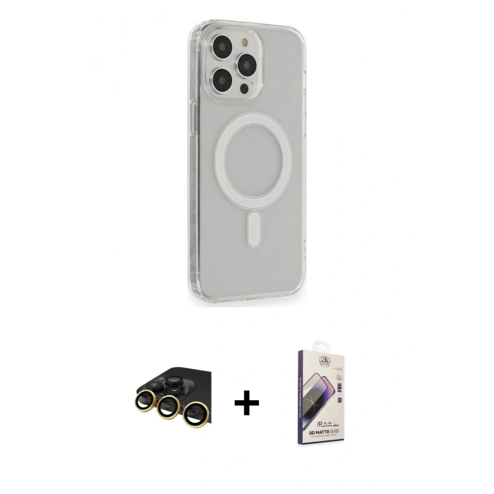 MARSİLYAN™- iPhone 13 Pro Max Kılıf Pusula Çizgi Koleksiyonu - Siyah Bilvis 3D Mat Cam Ekran Koruyucu + Gold Raze Metal Kamera Lens