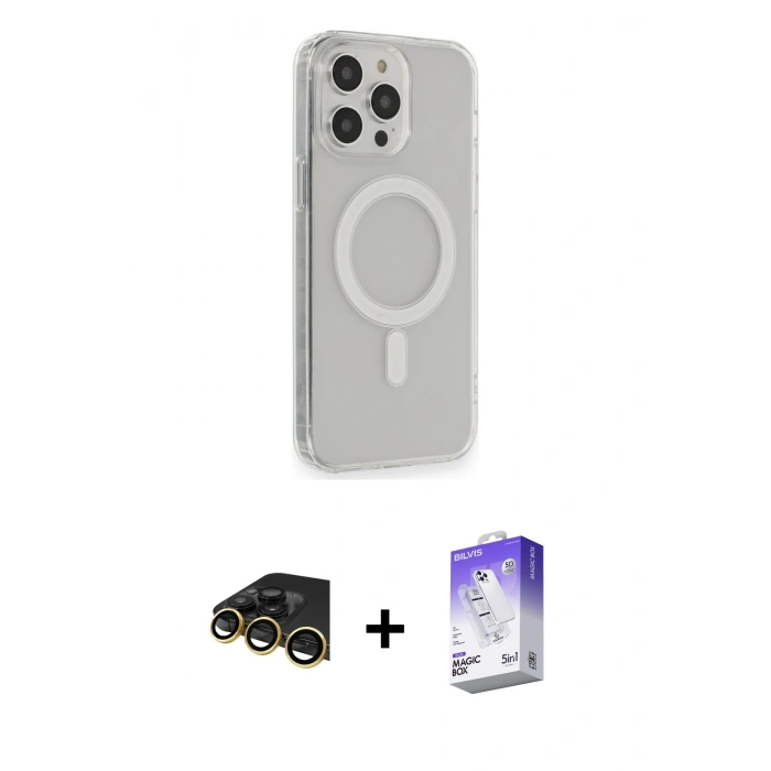 MARSİLYAN™- iPhone 13 Pro Max Kılıf Pusula Çizgi Koleksiyonu - Siyah Bilvis 5in1 3D Magic Cam Ekran Koruyucu + Gold Raze Metal Kamera Lens