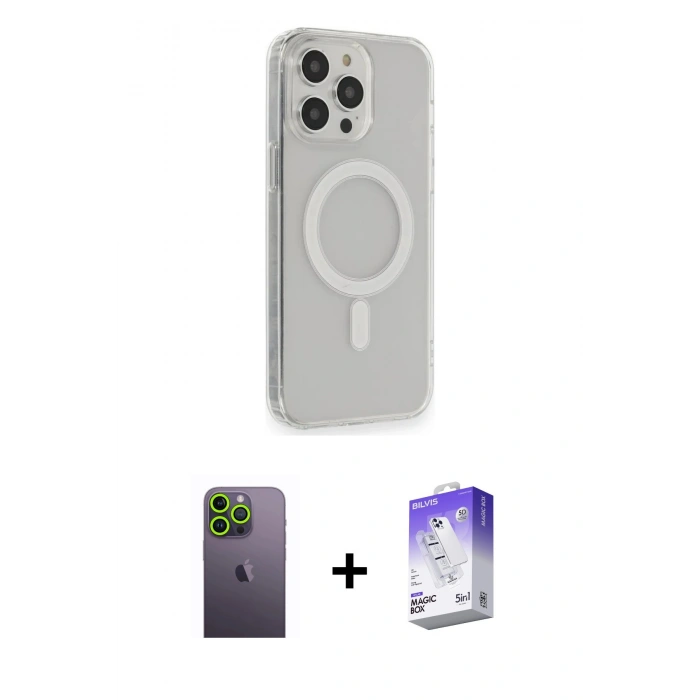 MARSİLYAN™- iPhone 13 Pro Max Kılıf Pusula Çizgi Koleksiyonu - Siyah Bilvis 5in1 3D Magic Cam Ekran Koruyucu + Neon Fosforlu Kamera Lens - YL
