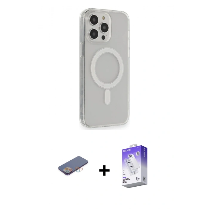 MARSİLYAN™- iPhone 13 Pro Max Kılıf Pusula Çizgi Koleksiyonu - Siyah Bilvis 5in1 3D Magic Cam Ekran Koruyucu + Renkli Kamera Lens Koruma Cam - PE
