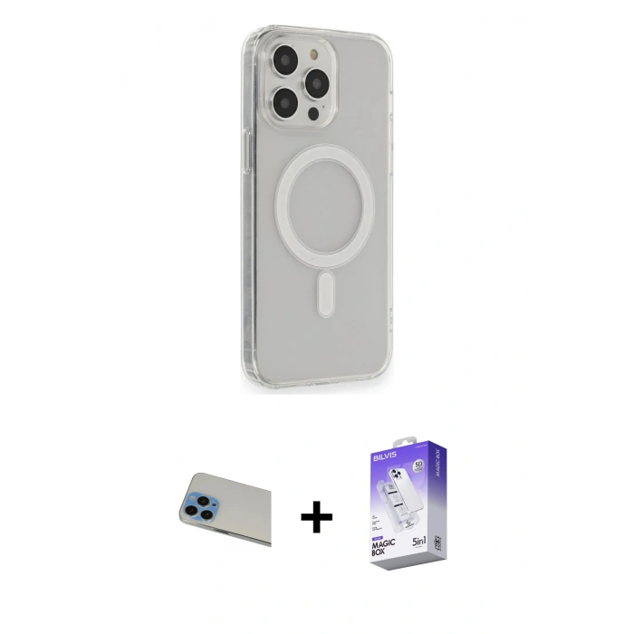 MARSİLYAN™- iPhone 13 Pro Max Kılıf Pusula Çizgi Koleksiyonu - Siyah Bilvis 5in1 3D Magic Cam Ekran Koruyucu + Mavi Rainbow Kamera Lens Koruma Cam