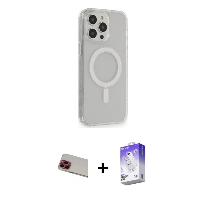 MARSİLYAN™- iPhone 13 Pro Max Kılıf Pusula Çizgi Koleksiyonu - Siyah Bilvis 5in1 3D Magic Cam Ekran Koruyucu + Kırmızı Rainbow Kamera Lens Koruma Cam