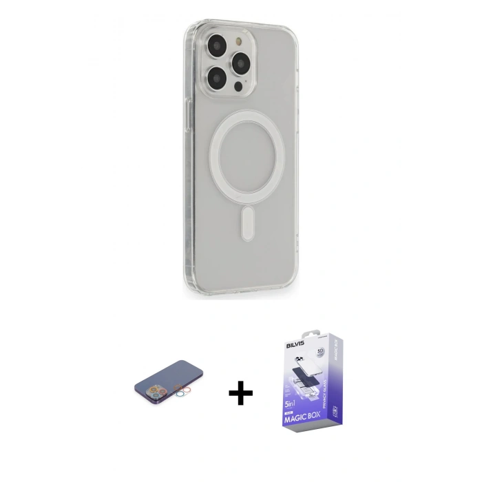 MARSİLYAN™- iPhone 13 Pro Max Kılıf Pusula Çizgi Koleksiyonu - Siyah Bilvis 5in1 5D Magic Hayalet Cam Ekran Koruyucu + Renkli Kamera Lens Koruma Cam - PE