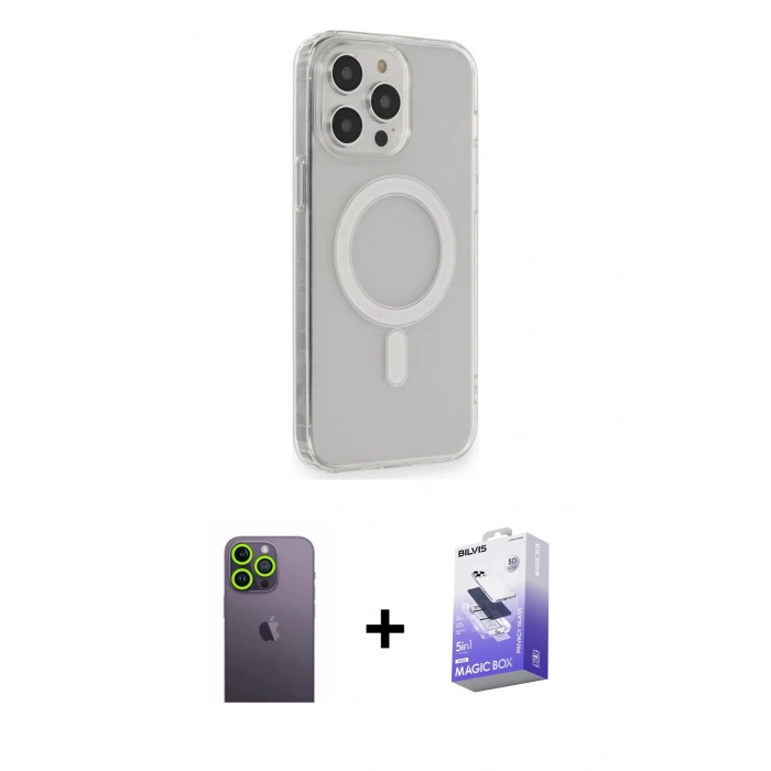 MARSİLYAN™- iPhone 13 Pro Max Kılıf Pusula Çizgi Koleksiyonu - Siyah Bilvis 5in1 5D Magic Hayalet Cam Ekran Koruyucu + Neon Fosforlu Kamera Lens - YL