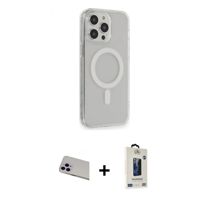MARSİLYAN™- iPhone 13 Pro Max Kılıf Pusula Çizgi Koleksiyonu - Siyah Bilvis Hayalet Cam Ekran Koruyucu + Mor Rainbow Kamera Lens Koruma Cam