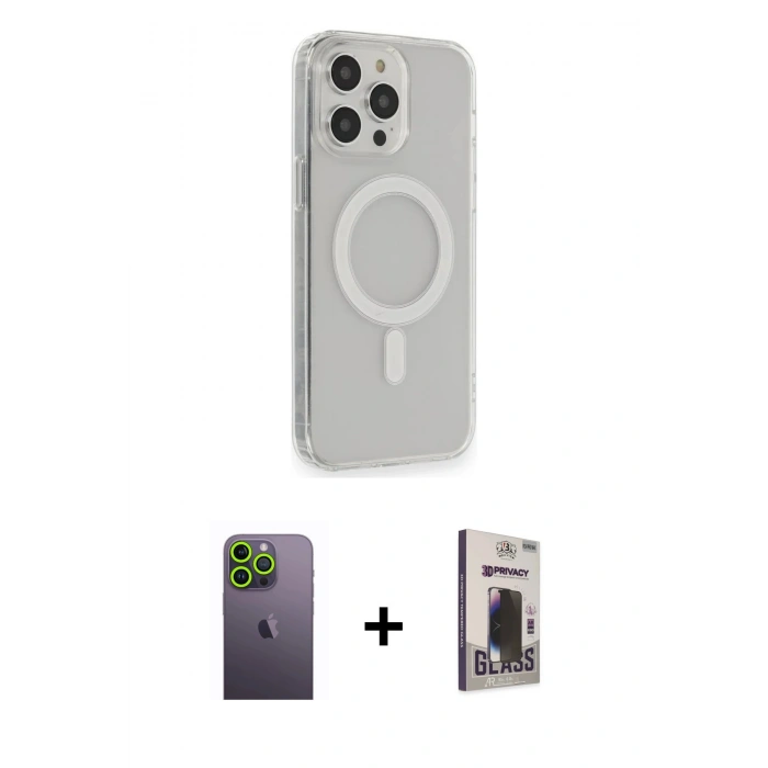 MARSİLYAN™- iPhone 13 Pro Max Kılıf Pusula Çizgi Koleksiyonu - Siyah Bilvis Hayalet Cam Ekran Koruyucu + Neon Fosforlu Kamera Lens - YL