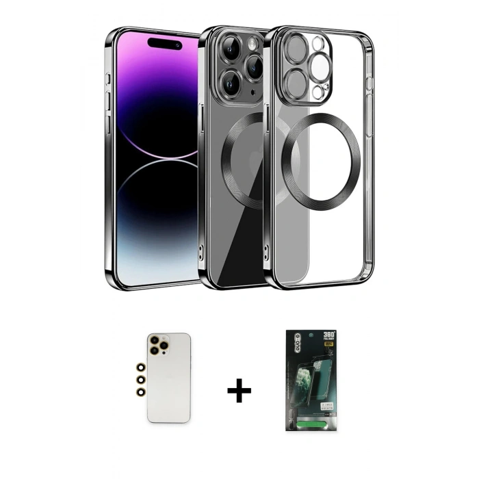 MARSİLYAN™- iPhone 13 Pro Max Kılıf Pusula Form - Şeffaf 360 Full Body Arka Koruyucu + Gold Shine Kamera Lens