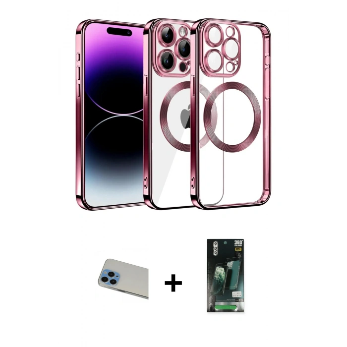 MARSİLYAN™- iPhone 13 Pro Max Kılıf Pusula Form - Şeffaf 360 Full Body Arka Koruyucu + Rainbow Kamera Lens Koruma Cam - MI