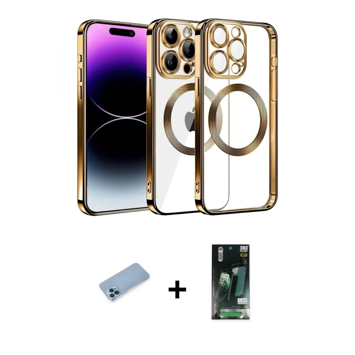 MARSİLYAN™- iPhone 13 Pro Max Kılıf Pusula Form - Şeffaf 360 Full Body Arka Koruyucu + Shine Kamera Lens Koruma Cam - MI