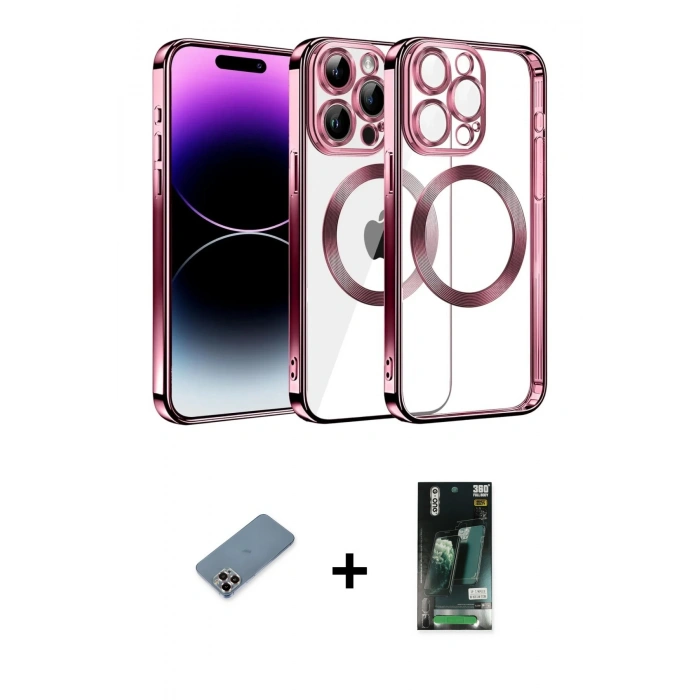 MARSİLYAN™- iPhone 13 Pro Max Kılıf Pusula Form - Şeffaf 360 Full Body Arka Koruyucu + Metal Kamera Lens Koruma Cam - MR