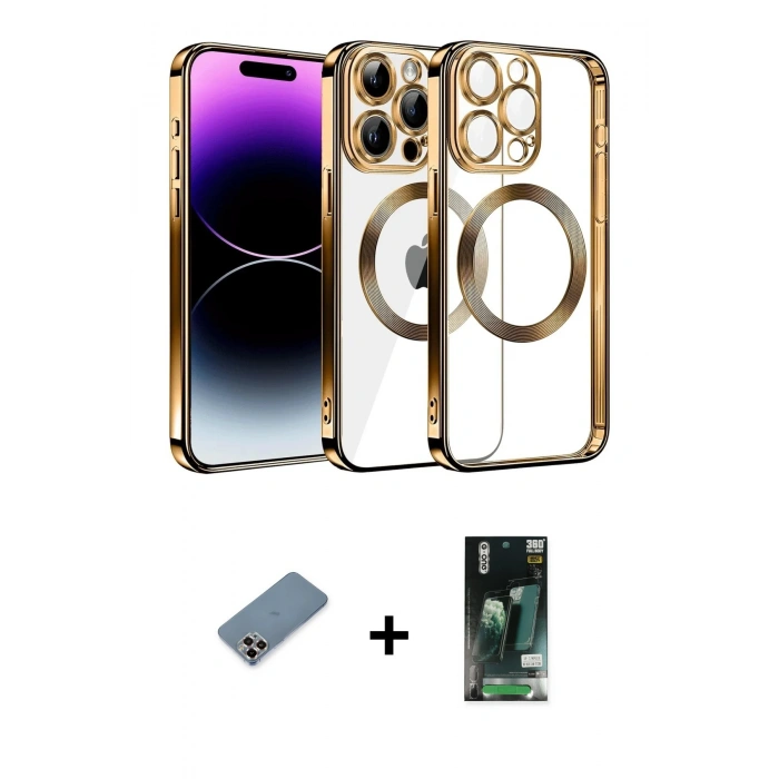 MARSİLYAN™- iPhone 13 Pro Max Kılıf Pusula Form - Şeffaf 360 Full Body Arka Koruyucu + Metal Kamera Lens Koruma Cam - MR