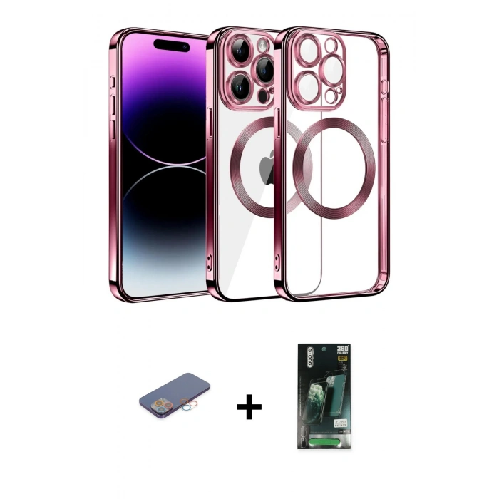 MARSİLYAN™- iPhone 13 Pro Max Kılıf Pusula Form - Şeffaf 360 Full Body Arka Koruyucu + Pembe Renkli Kamera Lens Koruma Cam