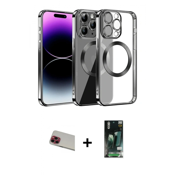 MARSİLYAN™- iPhone 13 Pro Max Kılıf Pusula Form - Şeffaf 360 Full Body Arka Koruyucu + Rainbow Kamera Lens Koruma Cam - KI